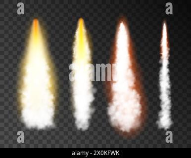 Raketenfeuer 3D Rauch isolierte Jet-Effekt-Flamme. Raketenstart Rauchflugzeug Raum Vektor Luft Hintergrund. Stock Vektor