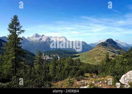 Österreich, Land Salzburg, Pinzgau, Weißbach bei Lofer, Blick vom Seehorn auf die Kallbrunnalm mit Kranzhorn, dahinter die Leoganger Steinberge Stockfoto