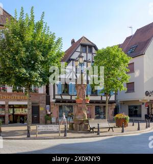 Frankreich, Elsass, Wissembourg, Brunnen am Place du Marche aux Choux. Stockfoto