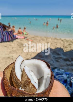 Eine offene Kokosnuss mit Schale im Vordergrund, typischer Snack am Strand während eines Sommerurlaubs auf Mallorca, Spanien Stockfoto