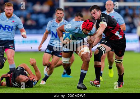 Sydney, Australien. April 2024. Langi Gleeson von den Waratahs wird während des Super Rugby Pacific 2024 Rd8-Spiels zwischen den Waratahs und den Crusaders am 12. April 2024 im Allianz Stadium in Sydney, Australien (Credit: IOIO IMAGES/Alamy Live News) angegriffen Stockfoto