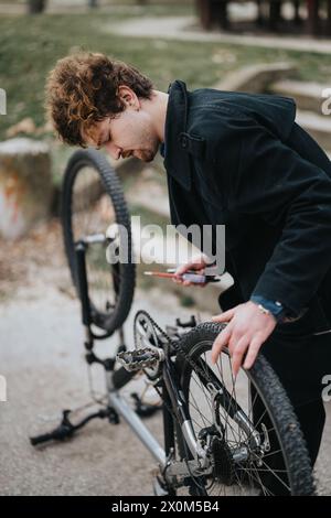 Ein junger Geschäftsmann repariert ein Fahrrad in einem Park und zeigt Problemlösungsfähigkeiten Stockfoto