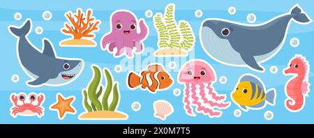 Meerestiere Aufkleber Vektor-Set Stock Vektor