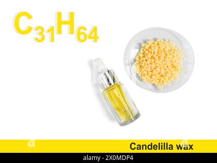 Candelillawachs mit Molekularformel C31H64. Chemische Zutat für Kosmetik- und Pflegeprodukte. Stockfoto