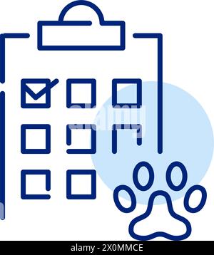 Tiergesundheitskontrolle Veterinärdienst. Pfoten und eine Häkchenliste, die die PET-Untersuchung und -Behandlung darstellt Stock Vektor