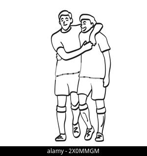 Zwei männliche Fußballspieler, die zusammen mit Glücksbildungvektor Hand halten, die isoliert auf weißem Hintergrund gezeichnet wird Stock Vektor