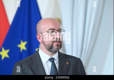 Wien, Österreich. April 2024. Empfang des Präsidenten des Europäischen Rates, Charles Michel, zu Gesprächen über die "strategische Agenda der EU" Stockfoto