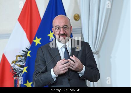 Wien, Österreich. April 2024. Empfang des Präsidenten des Europäischen Rates, Charles Michel, zu Gesprächen über die "strategische Agenda der EU" Stockfoto