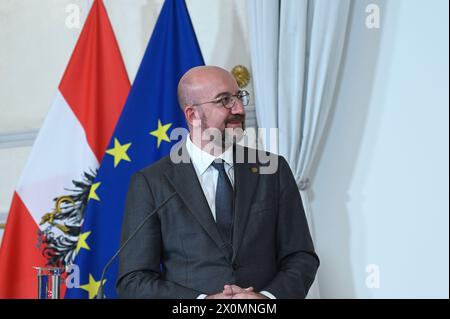 Wien, Österreich. April 2024. Empfang des Präsidenten des Europäischen Rates, Charles Michel, zu Gesprächen über die "strategische Agenda der EU" Stockfoto