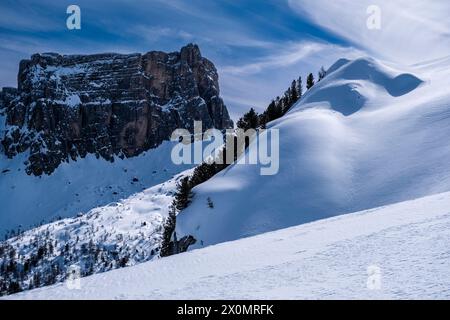 Schneebedeckte Hänge der alpinen Dolomitenlandschaft rund um den Giau Pass im Winter, die schneebedeckten Gipfel der Ponta Lastoi de Forin in der Ferne. Stockfoto