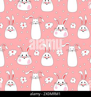Nahtloses Muster mit Osterhasen und Blumen auf rosafarbenem Hintergrund für Kinderprodukte. Süße Kaninchen für Babykleidung. Flache Vektorillustration für den Druck von Verpackungen, Textilien und Textilien. Stock Vektor