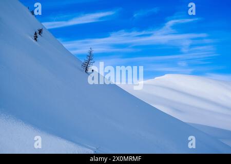 Schneebedeckte Hänge der alpinen Dolomitenlandschaft rund um den Giau Pass im Winter. Stockfoto