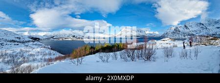Panoramablick auf die schneebedeckten Berge auf dem Austnesfjord in den Lofoten in Nordnorwegen Stockfoto
