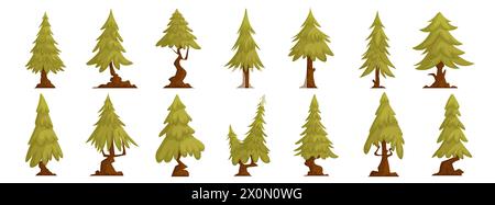 Eine Reihe von Waldbäumen, Kiefer, grüne hohe Fichte, europäische Fichte, immergrüne Nadelbäume. Interessanter geformter Kiefer, flacher Karikaturvektor. Stock Vektor