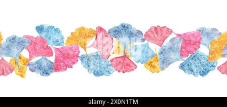 Nahtloser Rand mit Blattprägungen. Blaue, rosa, goldene Biloba-Blätter. Banner von Ginkgo, Palme, trockene abstrakte Fächerblätter. Aquarellabbildung des Blattes Stockfoto