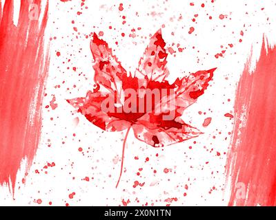 Grußkarte zum Happy Canada Day. 1. Juli von Independence Canada. Festkomposition mit Ahornblatt, Pinselstrichen und Spritzern in roten Farben. Stockfoto