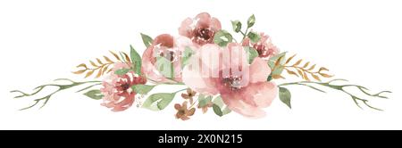 Aquarellrosa Blumen und grüne Blumen Rand, Gartenblumen Blumenstrauß Illustration Stockfoto