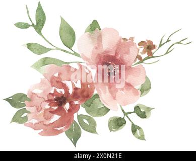 Aquarellrosa Blumen und grüne Blumen Rand, Gartenblumen Blumenstrauß Illustration Stockfoto