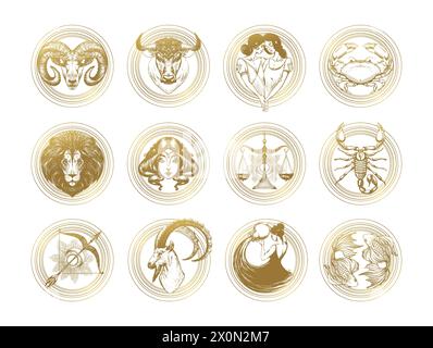 Eine Reihe goldener Sternzeichen. Handzeichnung Aries, Stier, Gemini, Krebs, Leo, Virgo, Libra, Skorpio, Schütze, Steinbock, Aquarius, Pis Stock Vektor