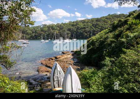 Abgeschiedene Taylors Bay am Hafen von Sydney, malerische Bucht mit Booten Yachten in der Bucht und kleinen Booten, die an der Küste gelagert werden, Sydney, Australien Stockfoto