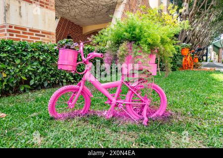 Ein altes Fahrrad, das mit Sprühfarbe umfunktioniert wurde, um es in einen dekorativen, farbenfrohen Gartentopf zu verwandeln Stockfoto