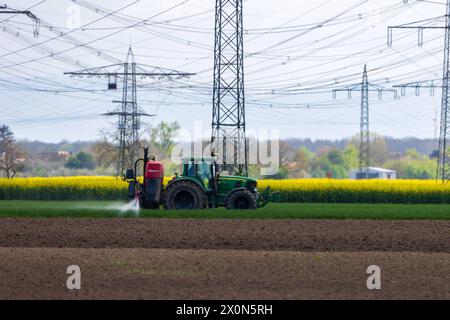 Pestizide & Agrarchemikalien in der Landwirtschaft ein Traktor navigiert durch sein Feld im Frühling und versprüht Pflanzenschutzmittel, um die wachsenden Pflanzen vor Schädlingen und Krankheiten zu schützen und somit die Produktivität zu steigern Schwanau Wittenweier Baden-Württemberg Deutschland *** Pestizide Agrarchemikalien in der Landwirtschaft Ein Traktor navigiert im Frühjahr durch sein Feld, Sprühen von Pflanzenschutzmitteln zum Schutz der wachsenden Pflanzen vor Schädlingen und Krankheiten und damit zur Steigerung der Produktivität Schwanau Wittenweier Baden Württemberg Deutschland 20240410-6V2A0691 Stockfoto