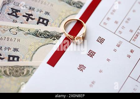 Ein leeres Dokument zur japanischen Heiratserlaubnis auf dem Tisch Stockfoto