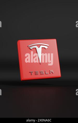 Buenos Aires, Argentinien - 3. April 2024: Dreidimensionales Tesla-Logo auf dunklem Hintergrund. 3D-Abbildung. Stockfoto