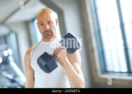 Mann, Gewichtheben und Workout im Fitnessstudio für Fitness mit Hantel, Übung Herausforderung und starke Muskeln. Bodybuilder, Profisportler und Krafttraining Stockfoto