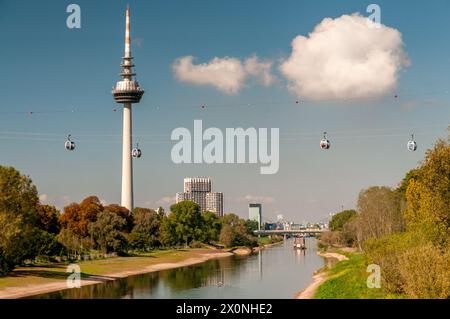 Blick entlang des Neckars zum Telekommunikationsturm in Mannheim, Baden-Württemberg Stockfoto