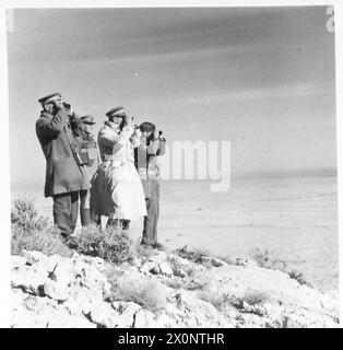 SÜDAFRIKANISCHER GENERAL MIT SEINEN FRONTSTREITKRÄFTEN - Major General Brink und andere Stabsoffiziere, die Positionen durch eine Brille von der Spitze eines Wadi aus betrachten. Fotografisches negativ, britische Armee Stockfoto