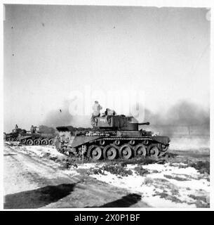 Die 29. Gepanzerte Brigade der 11. Gepanzerten Division führt einen Übungsschieß mit dem Comet-Panzer durch, der mit einer 17-Pfünder-Kanone ausgestattet ist. Fotografisches negativ der britischen Armee, 21. Armeegruppe. Stockfoto