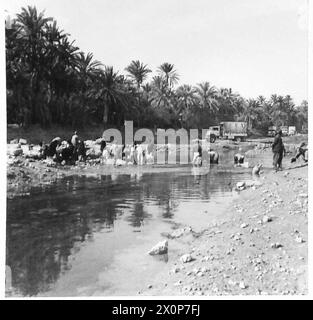 EL HAMMA NACH GABES. Die 8. ARMEE MARSCHIERT DURCH EL HAMMA NACH GABES – Araber bauen kurz nach der britischen Besatzung eine neue Straße über den Fluss Gabes. Die gesamte Arbeit war freiwillig. Fotografisches negativ, britische Armee Stockfoto