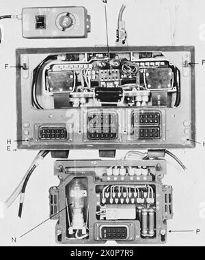 Fotografisches negativ eines deutschen UKW-Senders/Empfängers Funkgerät 16 mit abgenommenen Abdeckblechen zum Anzeigen des Befestigungsrahmens und der Komponenten. Stockfoto