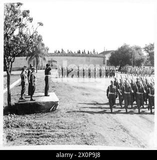 NORTH AFRICARASC ZEREMONIELLER MARSCH VORBEI - Major General Galloway feiert den Gruß, während die Parade vorbei marschiert. Fotografisches negativ, britische Armee Stockfoto