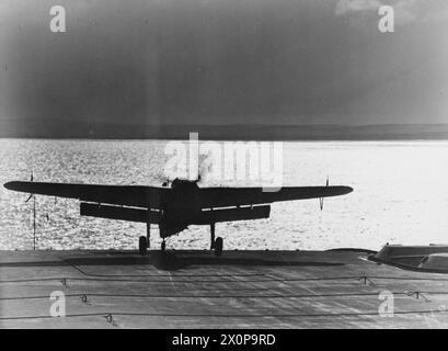 LUFTWAFFENVERSUCHE DER FLOTTE, AN BORD DER HMS SIEGREICH. 23-25. SEPTEMBER 1942. - Ein Fairey Barracuda kommt zur Landung Stockfoto