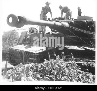 8. ARMEE VORMARSCH IN DER MT. ÄTNA GEBIET - Ein deutscher Tigerpanzer Mk. VI wurde verlassen gefunden und von unseren heranrückenden Truppen in die Luft gesprengt - 152 BDE. 51 Div - Diese Panzer sind die neueste Geheimwaffe der Deutschen und sind mit einer 88-mm-Kanone auf dem Turm ausgestattet und haben ein Gewicht von 72 Tonnen. Die Breite dieses Tanks ist so groß, dass auf den karren von Sizilien seine Nutzung eingeschränkt ist. Fotos in der Nähe von Pisano. Fotografisches negativ, britische Armee Stockfoto