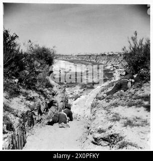 MIT Einer HIGHLAND-DIVISION IN DER MARETH-LINIE – Einem schmalen Pass (gehalten von den Gordon Highlanders) in einem hügeligen Teil der Mareth-Linie. Fotografisches negativ, britische Armee Stockfoto