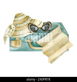 Retro-grünes Gepäck mit Strohsonnenhut mit schwarzer Sonnenbrille und alter Karte Aquarellillustration. Handgezeichnetes Vintage-Reiseset, Camping-Clip-Art Stockfoto