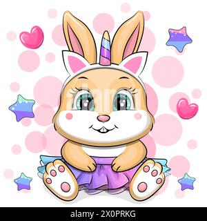 Niedlicher Karikaturhase mit Regenbogenrock und Einhorn-Stirnband. Vektor-Illustration eines Tieres auf einem rosa Hintergrund mit Sternen und Herzen. Stock Vektor