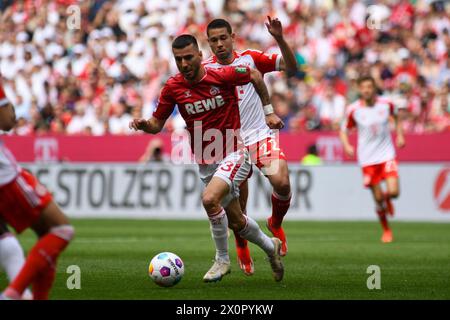 München, Deutschland. April 2024. MÜNCHEN, DEUTSCHLAND - 13. APRIL: Sargis Adamyan von 1. FC Köln und Raphael Guerreiro aus Bayern München während des Bundesliga-Spiels zwischen dem FC Bayern München und 1. FC Köln in der Allianz Arena am 13. April 2024 in München.240413 SEPA 24 009 - 20240413 PD3498 Credit: APA-PictureDesk/Alamy Live News Stockfoto