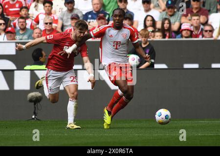 München, Deutschland. April 2024. MÜNCHEN, DEUTSCHLAND - 13. APRIL: Jan Thielmann vom 1. FC Köln und Mathys Tel aus Bayern München während des Bundesliga-Spiels zwischen dem FC Bayern München und dem 1. FC München. FC Köln in der Allianz Arena am 13. April 2024 in München.240413 SEPA 24 022 - 20240413 PD4904 Credit: APA-PictureDesk/Alamy Live News Stockfoto