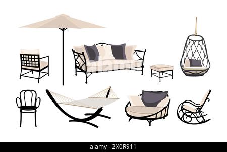 Set von Outdoor, Garten, Terrassenmöbel Vektor. Stock Vektor