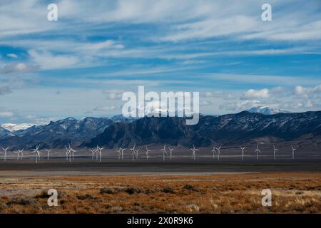 Spring Valley Wind Farm ist der erste Windpark Nevadas. Die Farm ist Eigentum und wird von Pattern Energy betrieben. Das Werk befindet sich im Spring Valley, Norden Stockfoto