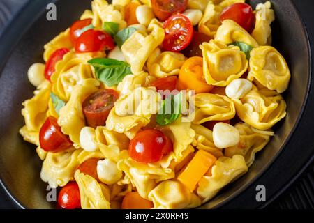 Tortellini-Salat mit Kirschtomaten, Mini-Mozzarella, frischen Basilikumblättern in schwarzer Schüssel, holländischer Blickwinkel, Nahaufnahme Stockfoto