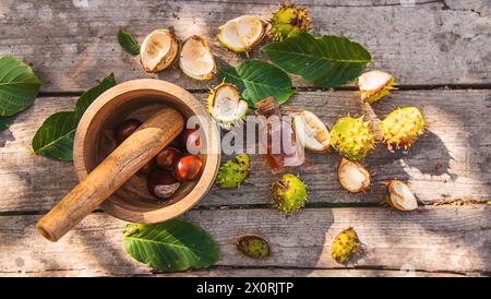 Rosskastanienextrakt in einer Flasche. Selektiver Fokus. Stockfoto