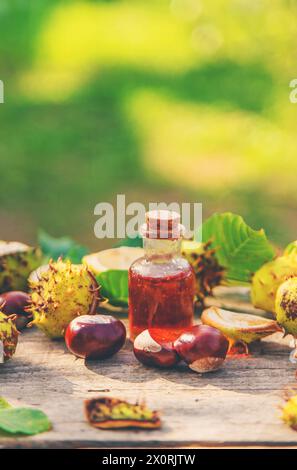 Rosskastanienextrakt in einer Flasche. Selektiver Fokus. Stockfoto