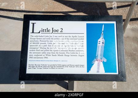 Informationstafel für die Little Joe Rakete im Museum of Space History in Alamogordo, NM, USA Stockfoto