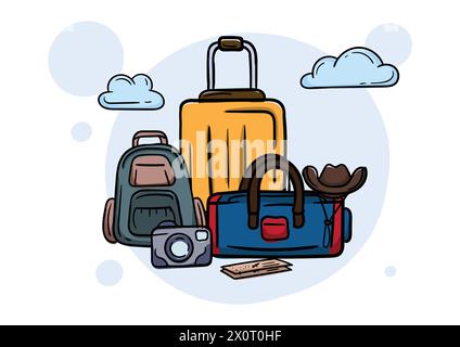 Helle Illustration mit Gepäck in Bezug auf Tourismus und Reisen. Vektor bearbeitbare Feiertags- und Urlaubselemente Stock Vektor