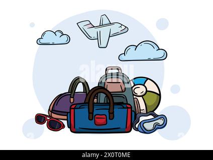 Helle Vektorillustration in Bezug auf Reisen und Tourismus. Bearbeitbares Bild mit Gepäck und Vorbereitung auf den Urlaub Stock Vektor